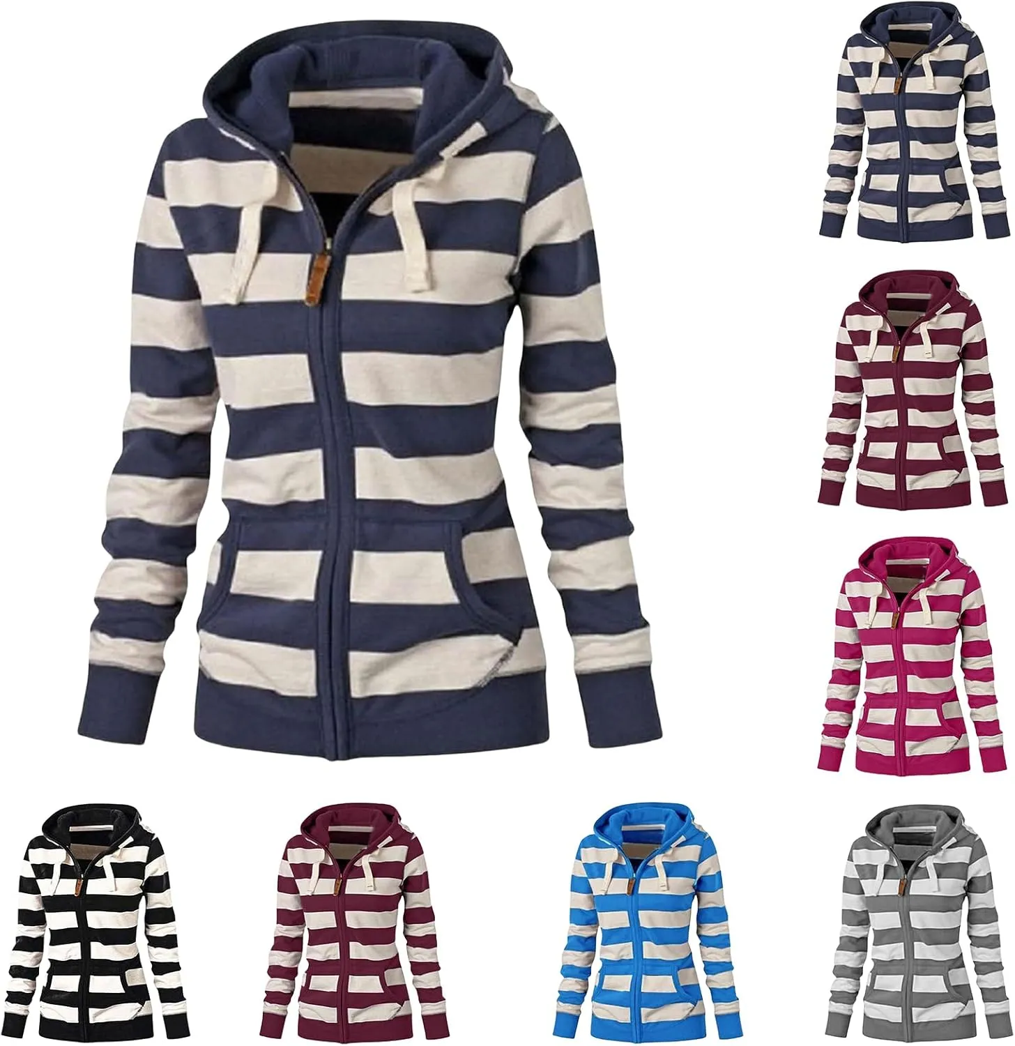 Womens Zip Up Hoodies Casual Oversized Striped Hoodies Sweatshirts Plain Zipper Classic Hooded Jackets with Pockets
