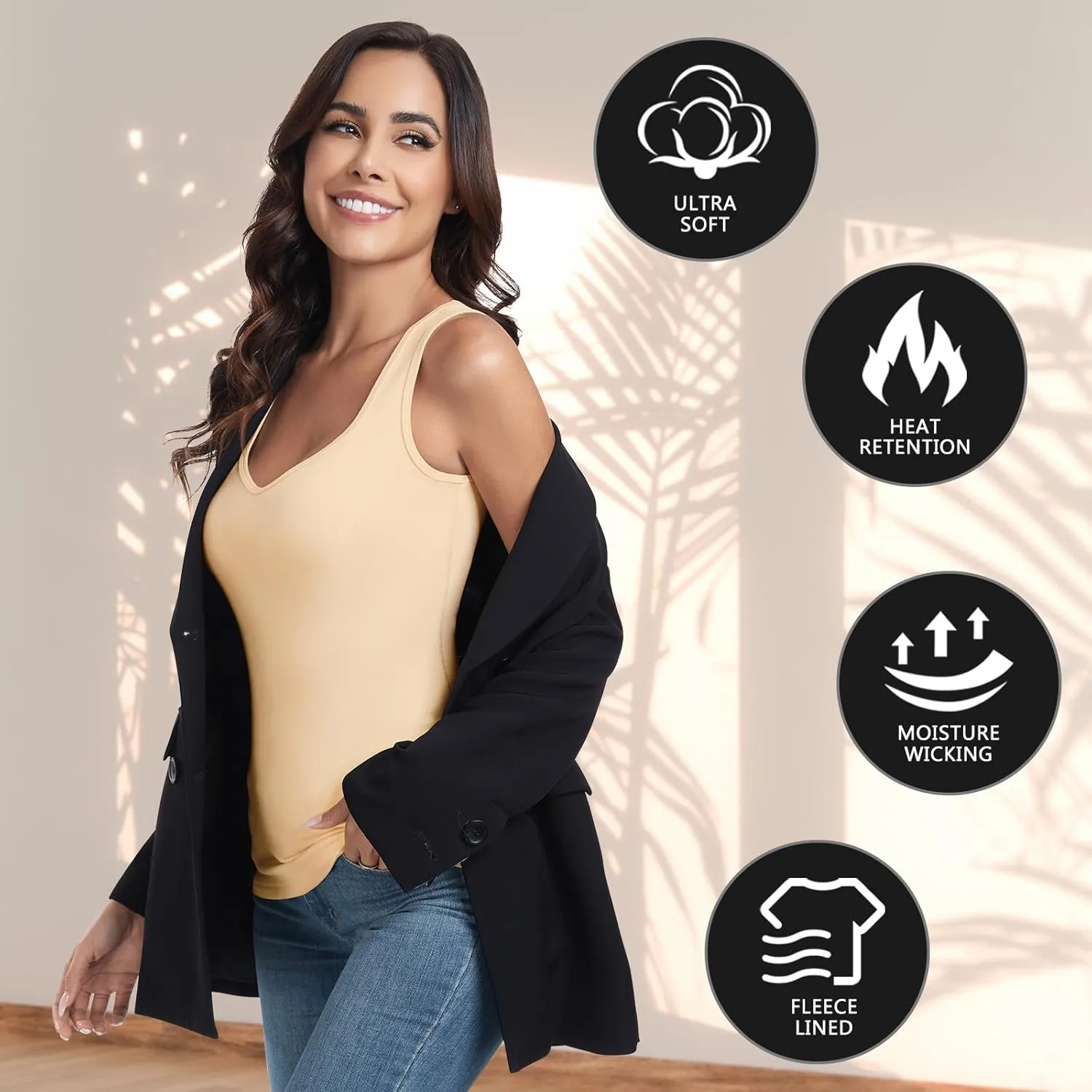 WOWENY Sleeveless Thermal Fleece Tank Top for Women Sweetheart Neck Camisole Warm Base Layer Cami Vest Underwear Tops