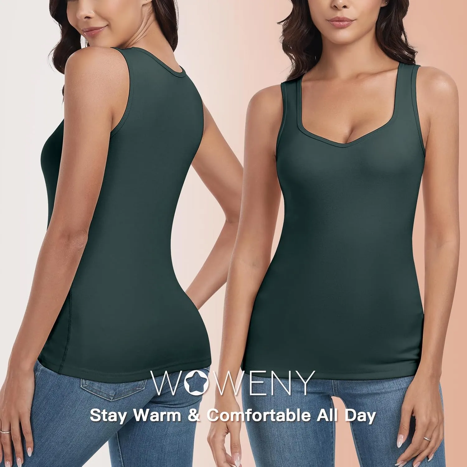 WOWENY Sleeveless Thermal Fleece Tank Top for Women Sweetheart Neck Camisole Warm Base Layer Cami Vest Underwear Tops