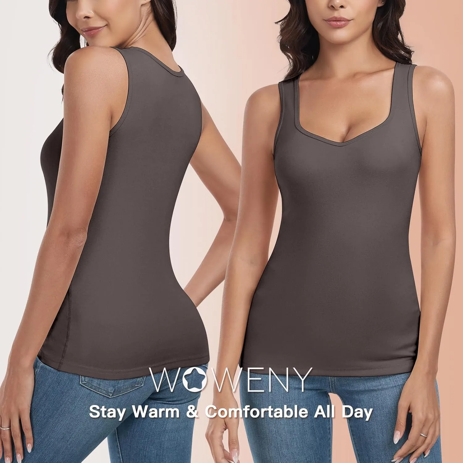 WOWENY Sleeveless Thermal Fleece Tank Top for Women Sweetheart Neck Camisole Warm Base Layer Cami Vest Underwear Tops