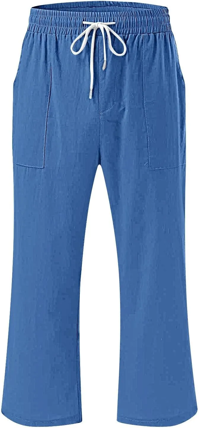 Xiaojmake Women Summer Casual Linen Pants Elastic Waist Relaxed Fit Straight Leg Crop Pants Lounge Beach Trouser with Pockets