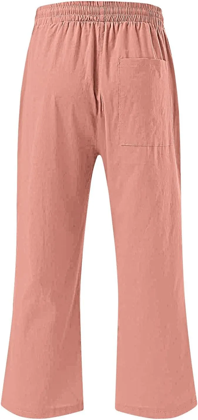 Xiaojmake Women Summer Casual Linen Pants Elastic Waist Relaxed Fit Straight Leg Crop Pants Lounge Beach Trouser with Pockets