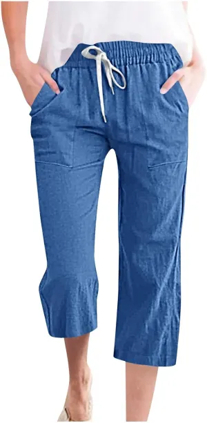 Xiaojmake Women Summer Casual Linen Pants Elastic Waist Relaxed Fit Straight Leg Crop Pants Lounge Beach Trouser with Pockets