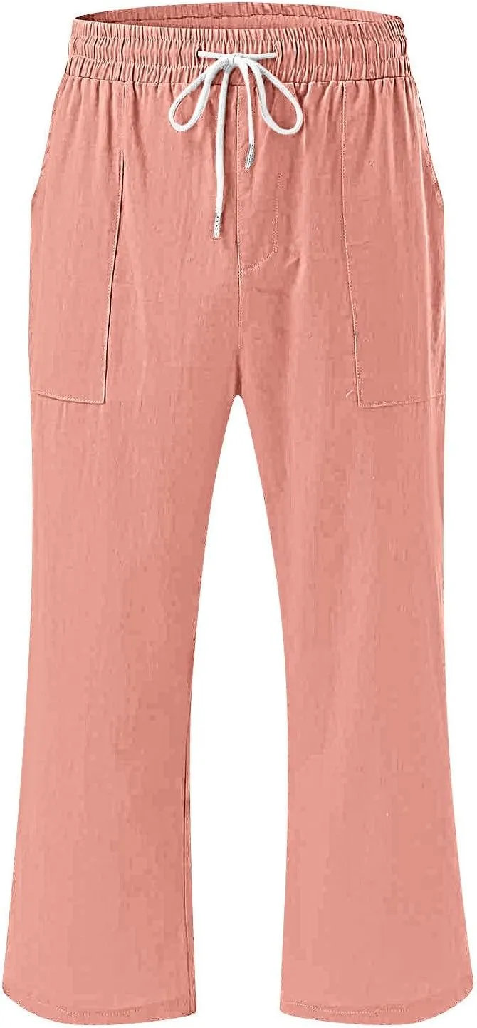 Xiaojmake Women Summer Casual Linen Pants Elastic Waist Relaxed Fit Straight Leg Crop Pants Lounge Beach Trouser with Pockets