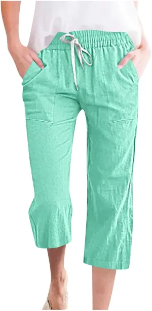 Xiaojmake Women Summer Casual Linen Pants Elastic Waist Relaxed Fit Straight Leg Crop Pants Lounge Beach Trouser with Pockets
