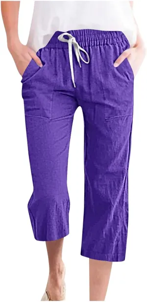 Xiaojmake Women Summer Casual Linen Pants Elastic Waist Relaxed Fit Straight Leg Crop Pants Lounge Beach Trouser with Pockets