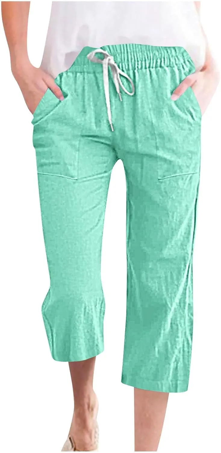 Xiaojmake Women Summer Casual Linen Pants Elastic Waist Relaxed Fit Straight Leg Crop Pants Lounge Beach Trouser with Pockets
