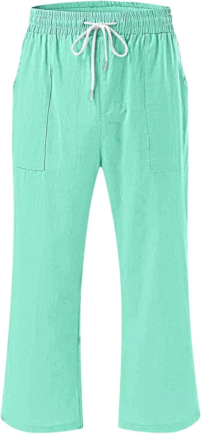 Xiaojmake Women Summer Casual Linen Pants Elastic Waist Relaxed Fit Straight Leg Crop Pants Lounge Beach Trouser with Pockets