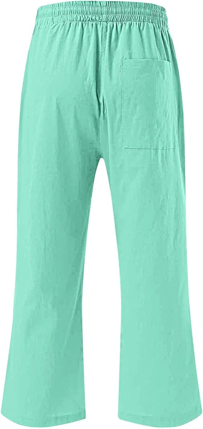 Xiaojmake Women Summer Casual Linen Pants Elastic Waist Relaxed Fit Straight Leg Crop Pants Lounge Beach Trouser with Pockets