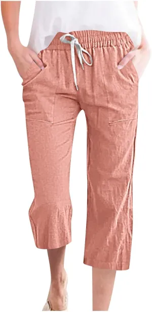 Xiaojmake Women Summer Casual Linen Pants Elastic Waist Relaxed Fit Straight Leg Crop Pants Lounge Beach Trouser with Pockets