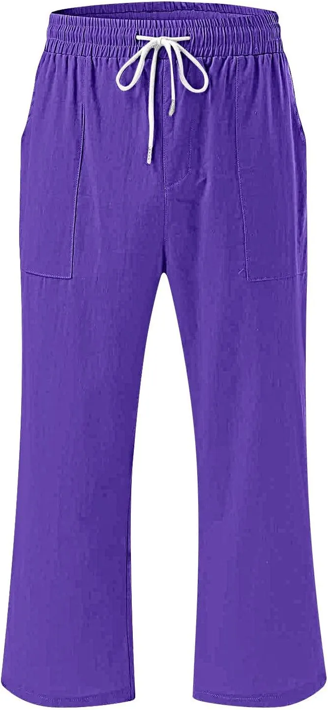 Xiaojmake Women Summer Casual Linen Pants Elastic Waist Relaxed Fit Straight Leg Crop Pants Lounge Beach Trouser with Pockets
