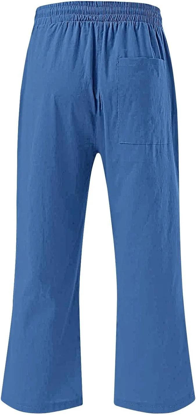 Xiaojmake Women Summer Casual Linen Pants Elastic Waist Relaxed Fit Straight Leg Crop Pants Lounge Beach Trouser with Pockets