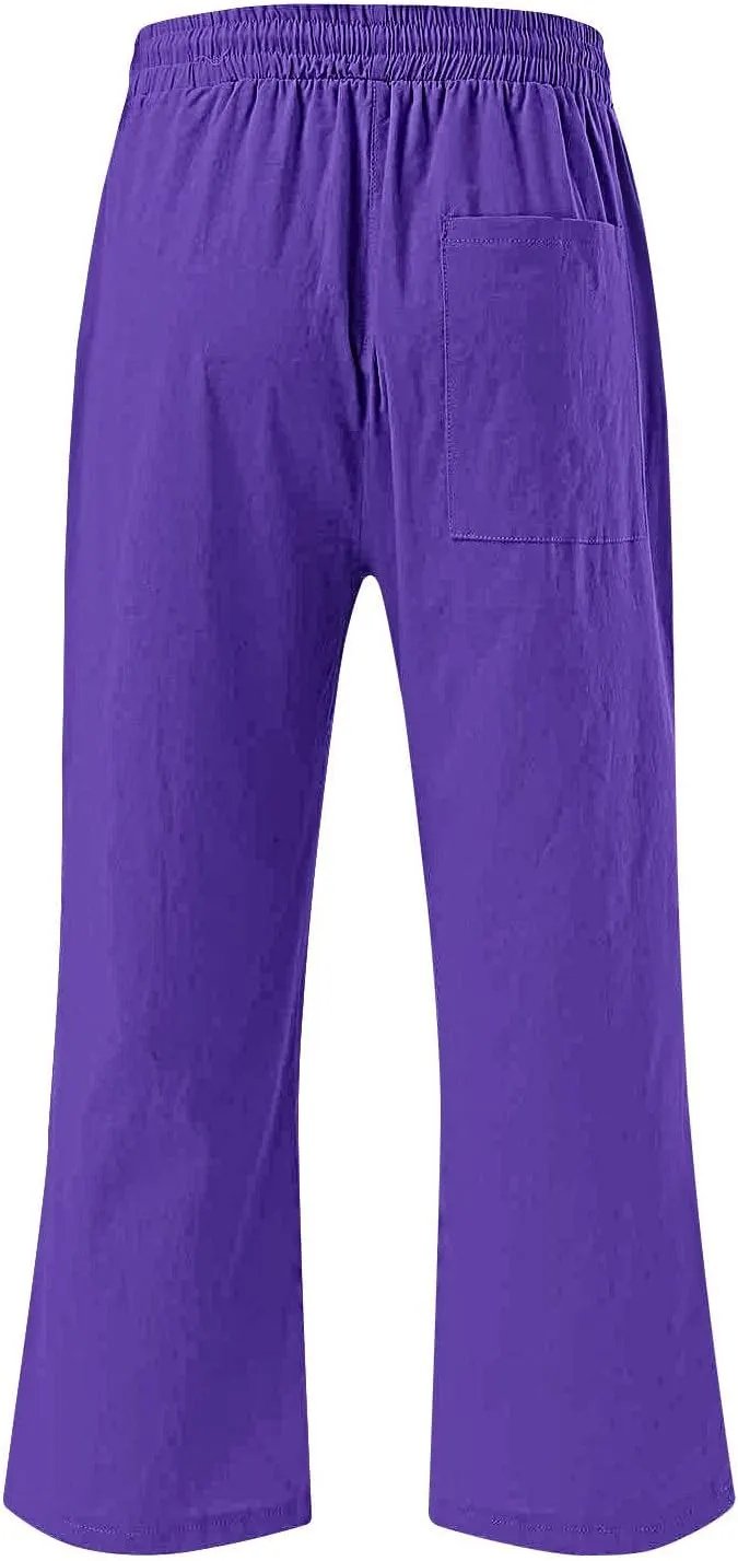 Xiaojmake Women Summer Casual Linen Pants Elastic Waist Relaxed Fit Straight Leg Crop Pants Lounge Beach Trouser with Pockets