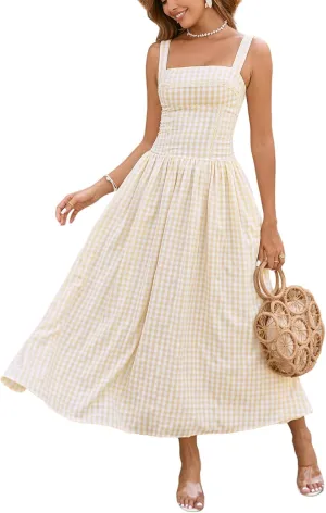 XinFSh Women's 2025 Summer Boho Midi Dress Plaid Square Neck Smocked Dresses Casual Flowy Beach Vacation Pockets Sundress