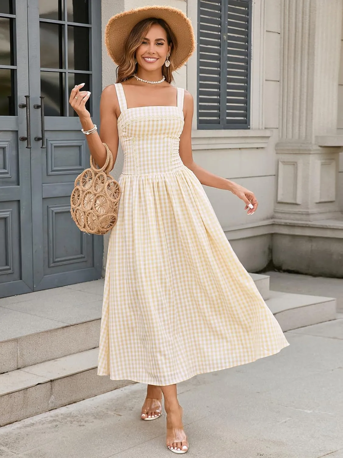 XinFSh Women's 2025 Summer Boho Midi Dress Plaid Square Neck Smocked Dresses Casual Flowy Beach Vacation Pockets Sundress