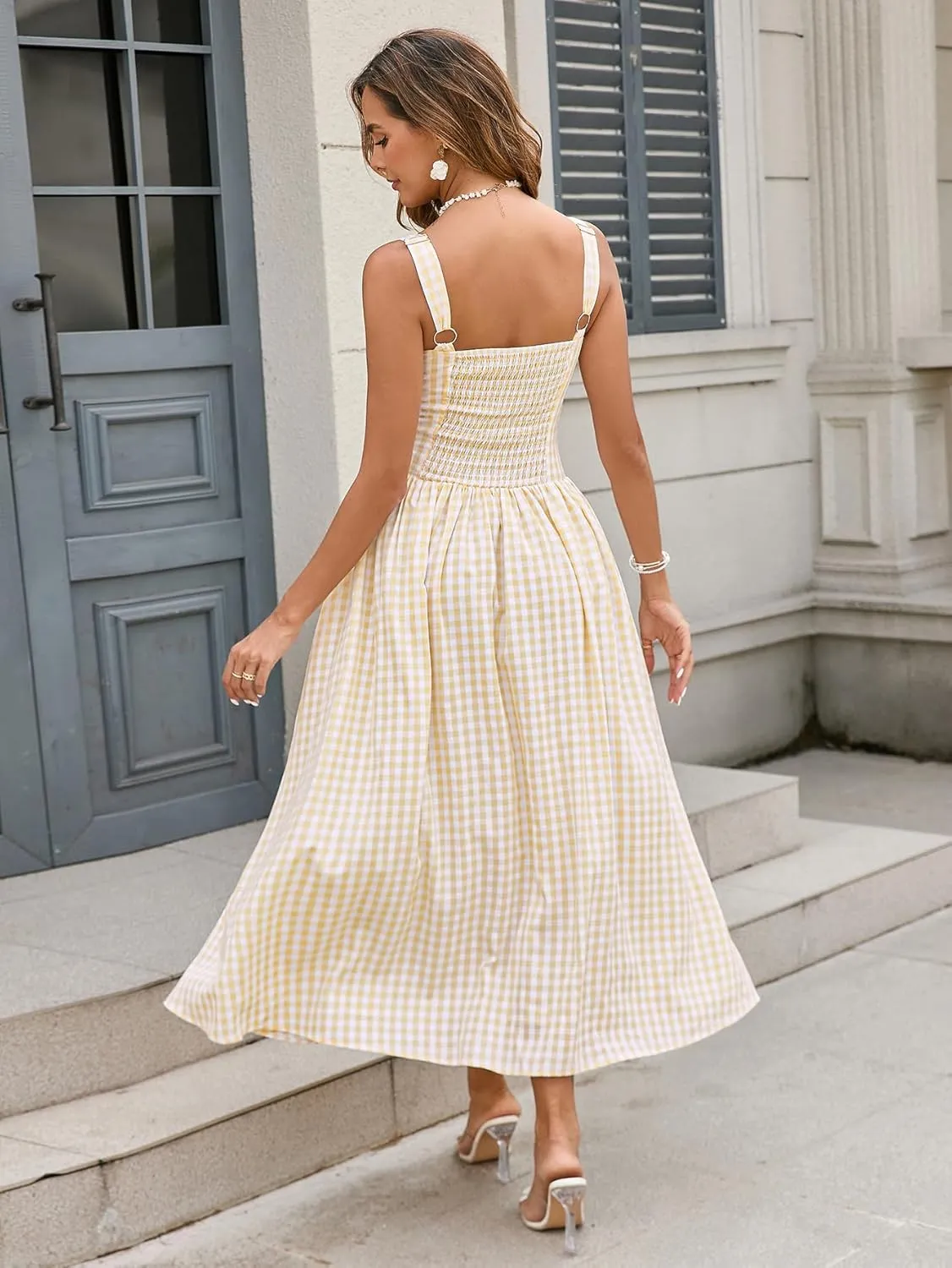 XinFSh Women's 2025 Summer Boho Midi Dress Plaid Square Neck Smocked Dresses Casual Flowy Beach Vacation Pockets Sundress