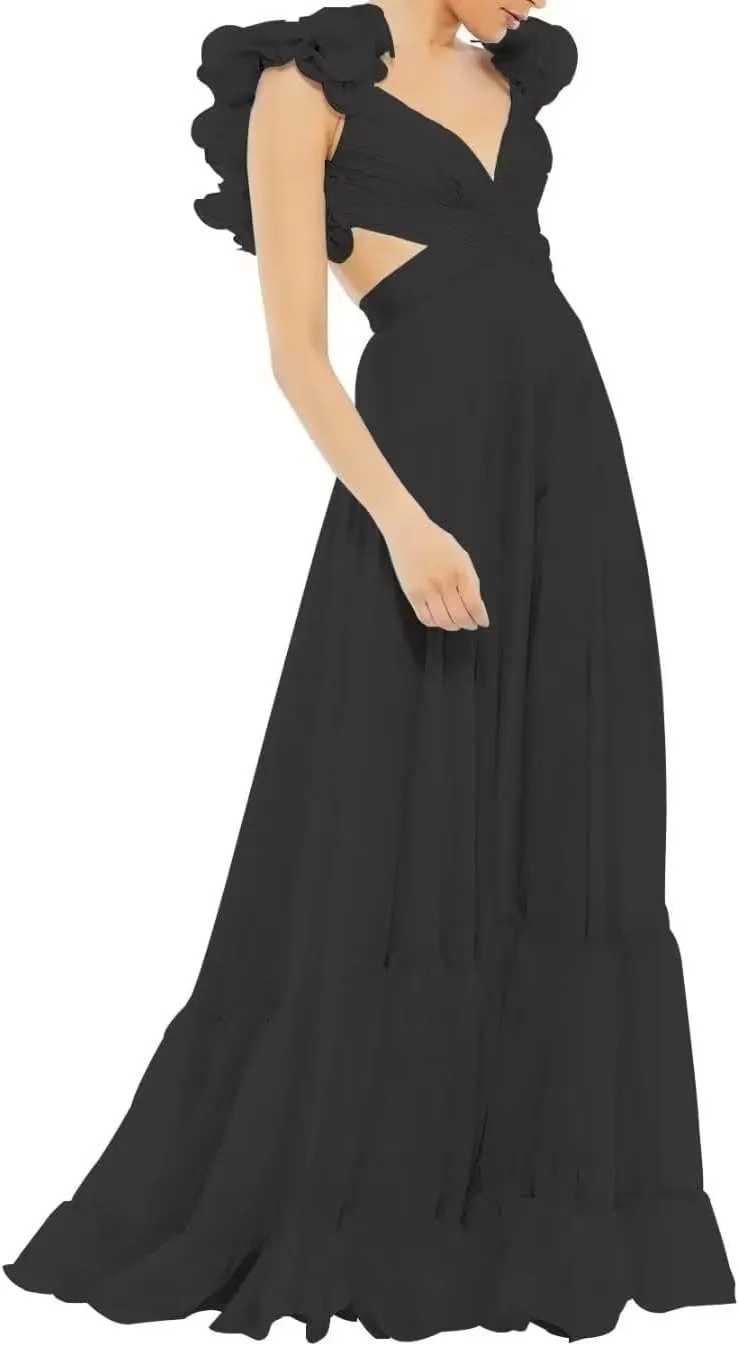 Xyiveaf V-Neck Prom Dresses for Women Formal Evening Dress Chiffon Bridesmaid Dresses Elegant Backless Long Ball Gowns