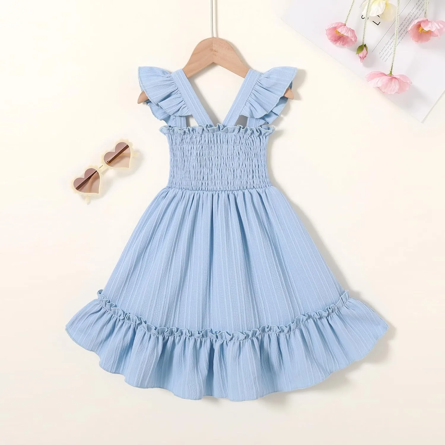 YOUNGER TREE Toddler Dress Girls Summer Ruffle Sleeveless Smocked Dresses Kids Beach Casual Sundress
