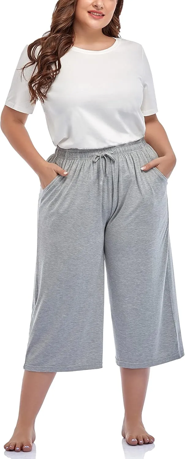 ZERDOCEAN Women's Plus Size Wide Leg Casual Lounge Pants Comfy Capris Relaxed Pajama Bottoms Drawstring Pockets