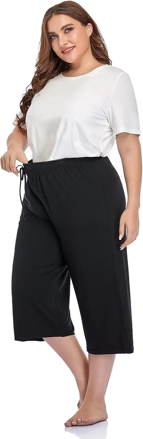 ZERDOCEAN Women's Plus Size Wide Leg Casual Lounge Pants Comfy Capris Relaxed Pajama Bottoms Drawstring Pockets