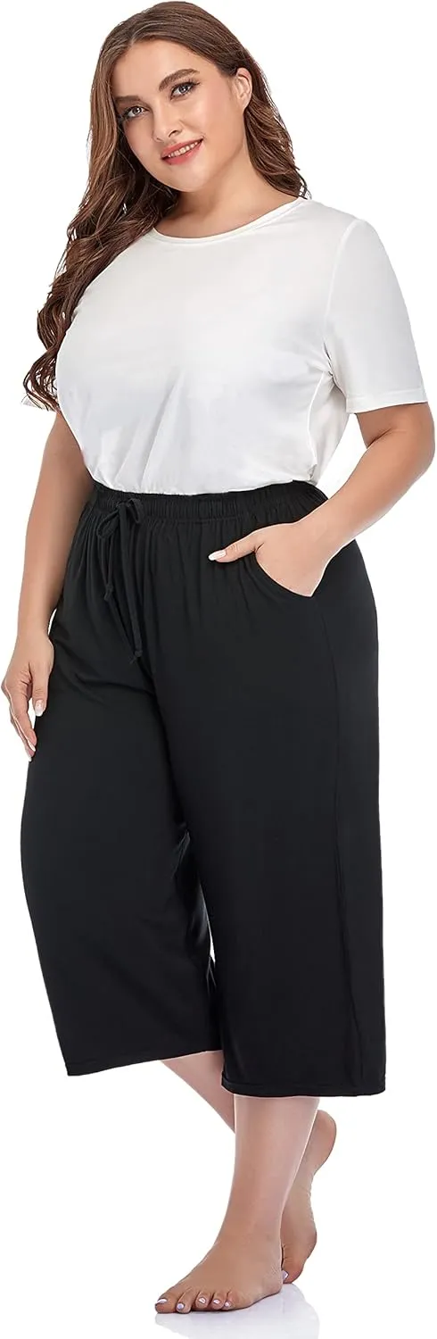 ZERDOCEAN Women's Plus Size Wide Leg Casual Lounge Pants Comfy Capris Relaxed Pajama Bottoms Drawstring Pockets