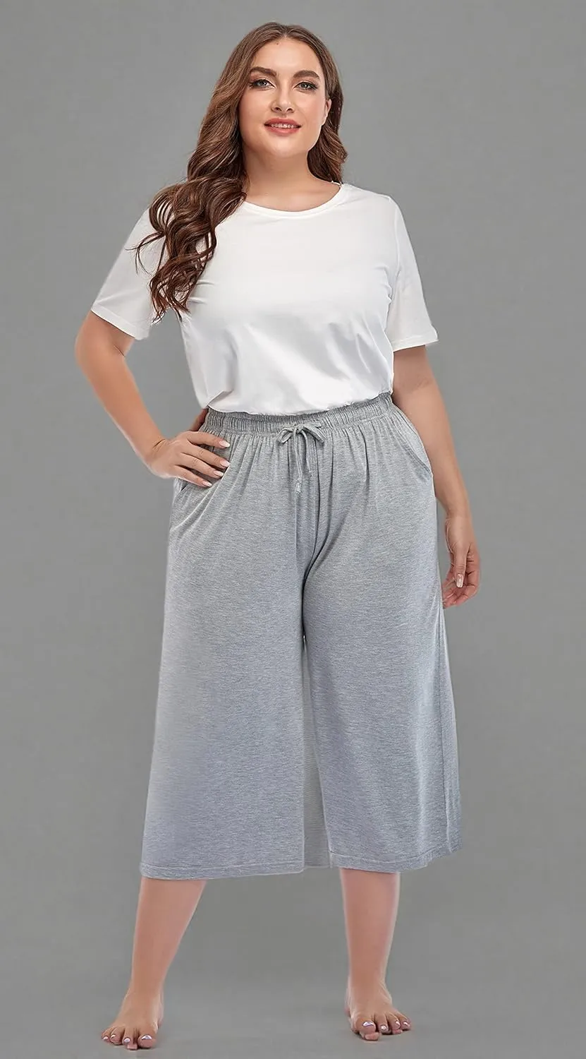 ZERDOCEAN Women's Plus Size Wide Leg Casual Lounge Pants Comfy Capris Relaxed Pajama Bottoms Drawstring Pockets