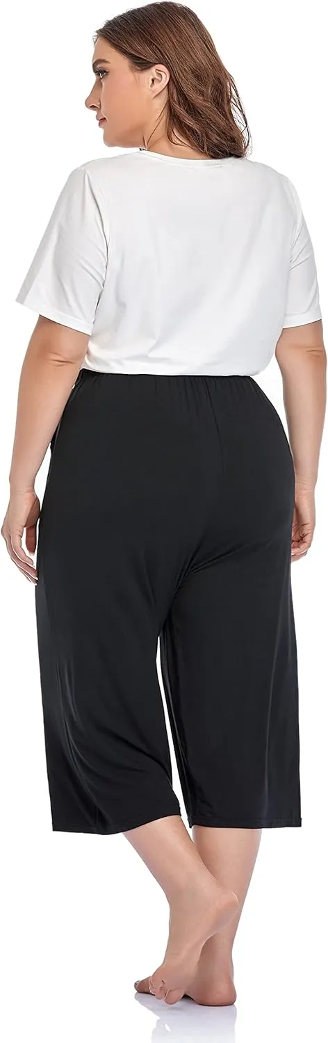 ZERDOCEAN Women's Plus Size Wide Leg Casual Lounge Pants Comfy Capris Relaxed Pajama Bottoms Drawstring Pockets