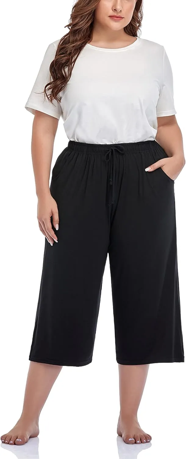 ZERDOCEAN Women's Plus Size Wide Leg Casual Lounge Pants Comfy Capris Relaxed Pajama Bottoms Drawstring Pockets