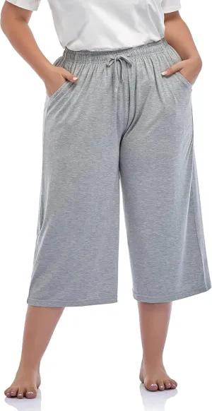 ZERDOCEAN Women's Plus Size Wide Leg Casual Lounge Pants Comfy Capris Relaxed Pajama Bottoms Drawstring Pockets