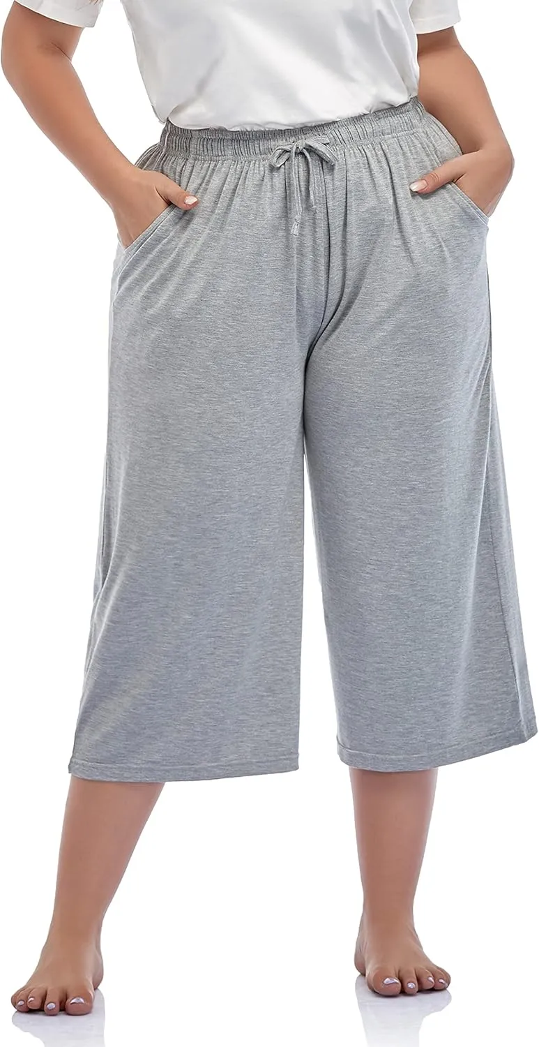 ZERDOCEAN Women's Plus Size Wide Leg Casual Lounge Pants Comfy Capris Relaxed Pajama Bottoms Drawstring Pockets