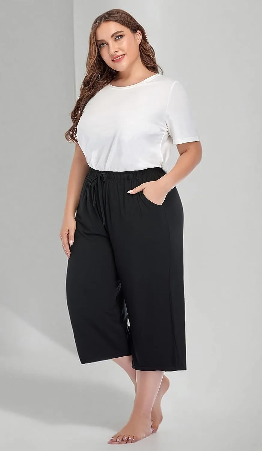 ZERDOCEAN Women's Plus Size Wide Leg Casual Lounge Pants Comfy Capris Relaxed Pajama Bottoms Drawstring Pockets
