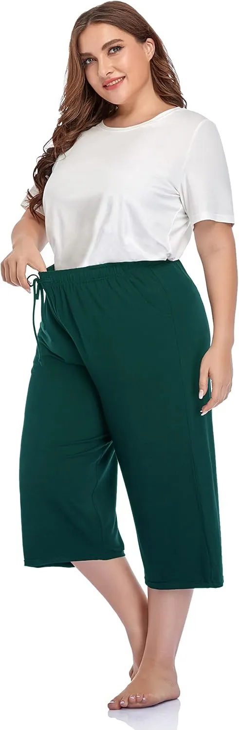 ZERDOCEAN Women's Plus Size Wide Leg Casual Lounge Pants Comfy Capris Relaxed Pajama Bottoms Drawstring Pockets