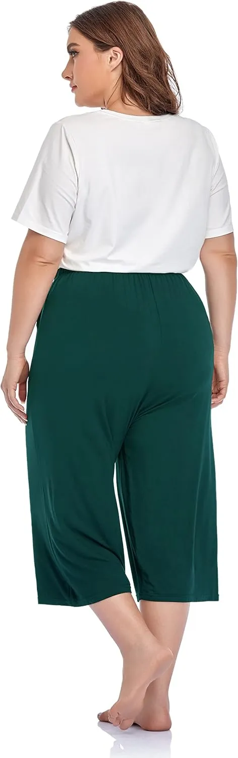 ZERDOCEAN Women's Plus Size Wide Leg Casual Lounge Pants Comfy Capris Relaxed Pajama Bottoms Drawstring Pockets