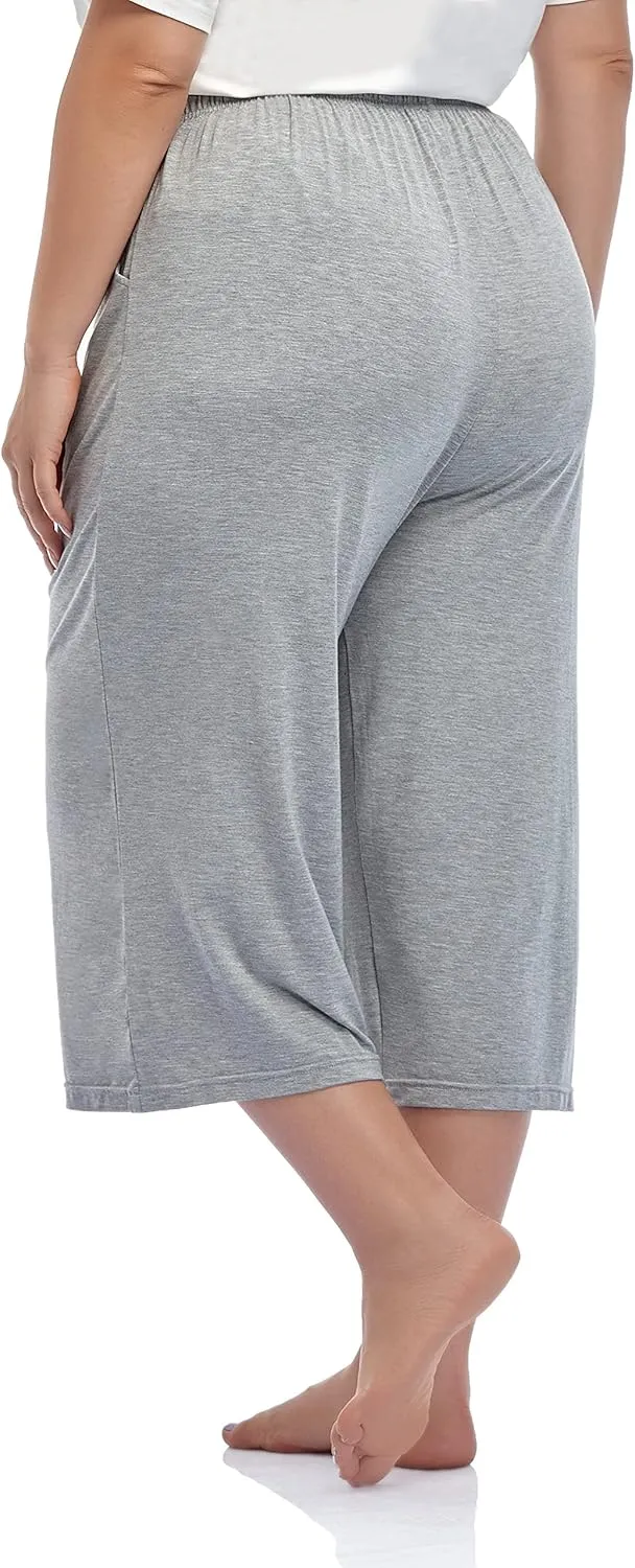 ZERDOCEAN Women's Plus Size Wide Leg Casual Lounge Pants Comfy Capris Relaxed Pajama Bottoms Drawstring Pockets