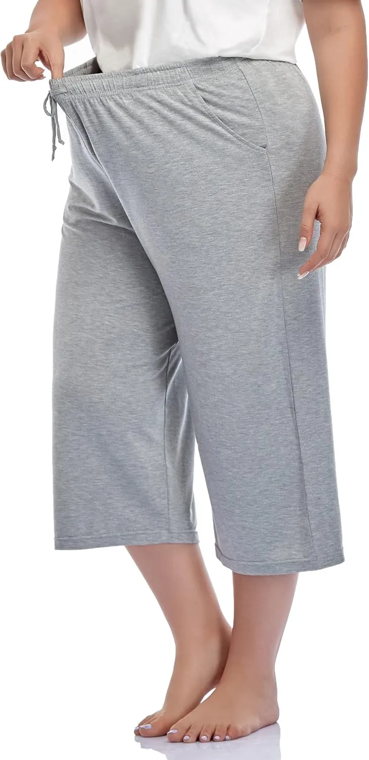 ZERDOCEAN Women's Plus Size Wide Leg Casual Lounge Pants Comfy Capris Relaxed Pajama Bottoms Drawstring Pockets