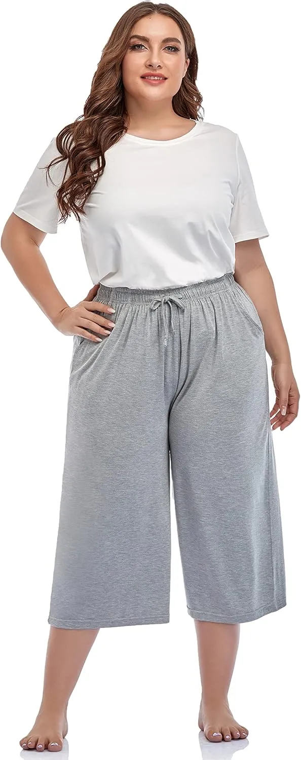ZERDOCEAN Women's Plus Size Wide Leg Casual Lounge Pants Comfy Capris Relaxed Pajama Bottoms Drawstring Pockets