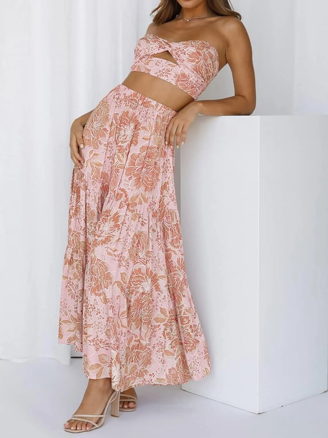 ZESICA Women's 2025 Summer Plaid Flower Elastic High Waist Flowy A Line Maxi Skirt with Pockets