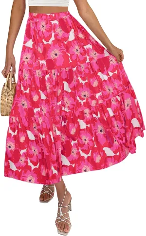 ZESICA Women's 2025 Summer Plaid Flower Elastic High Waist Flowy A Line Maxi Skirt with Pockets