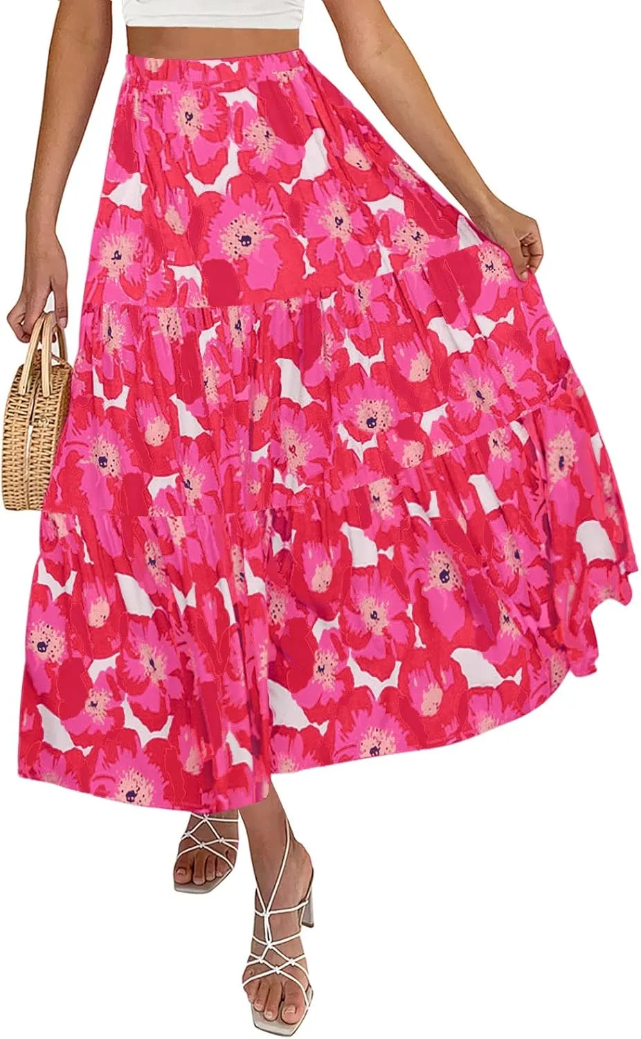 ZESICA Women's 2025 Summer Plaid Flower Elastic High Waist Flowy A Line Maxi Skirt with Pockets