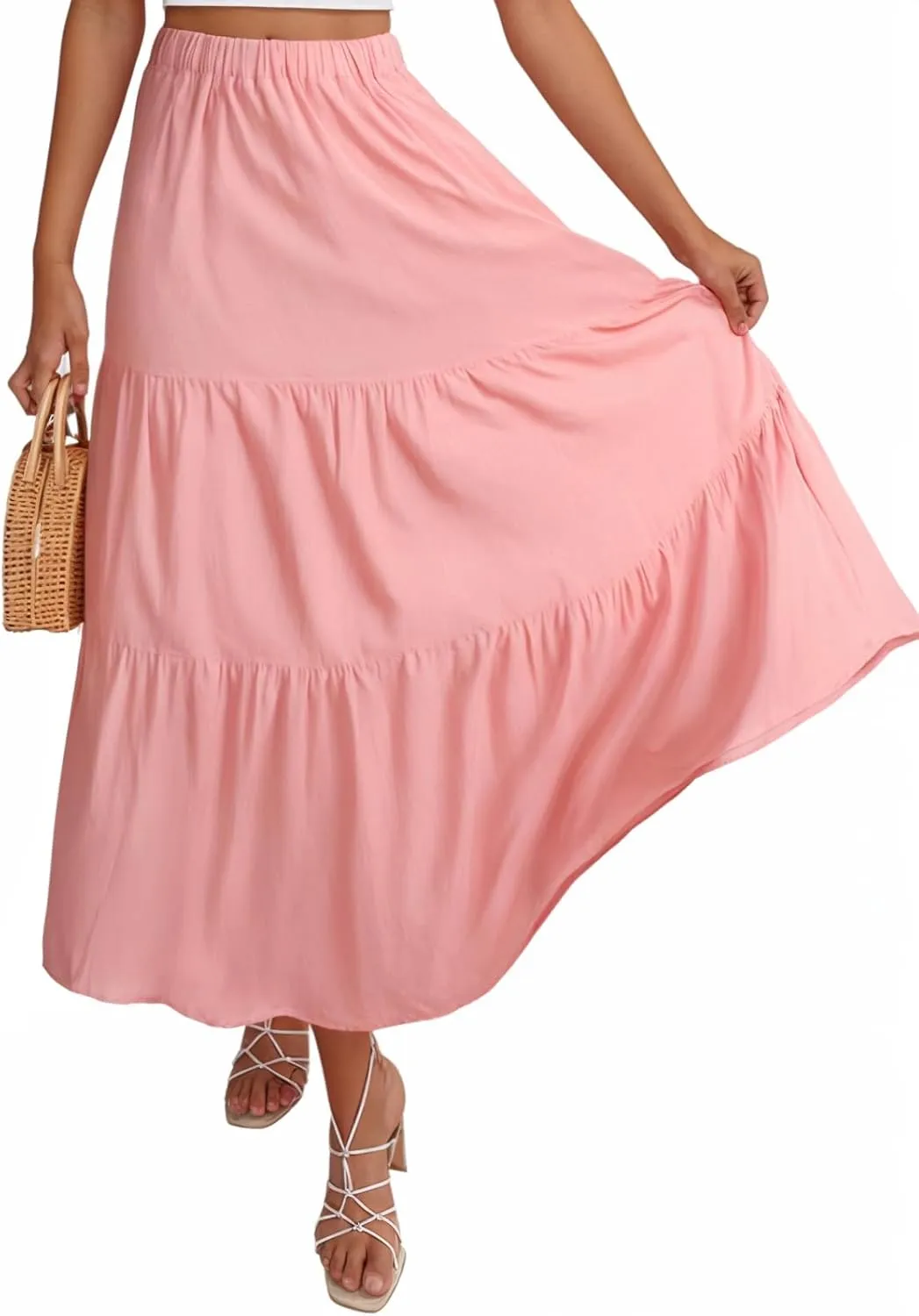 ZESICA Women's 2025 Summer Plaid Flower Elastic High Waist Flowy A Line Maxi Skirt with Pockets