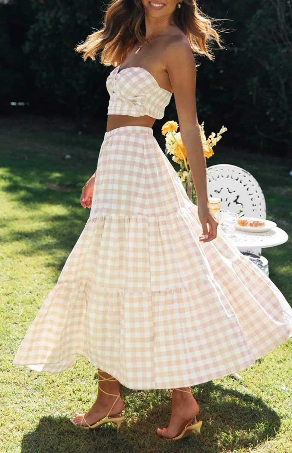 ZESICA Women's 2025 Summer Plaid Flower Elastic High Waist Flowy A Line Maxi Skirt with Pockets