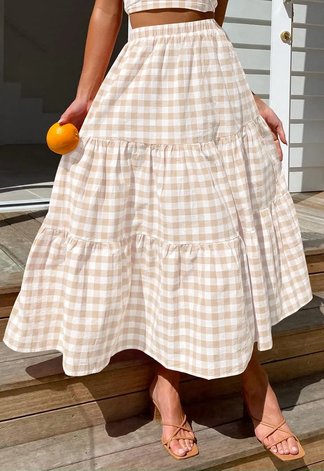 ZESICA Women's 2025 Summer Plaid Flower Elastic High Waist Flowy A Line Maxi Skirt with Pockets