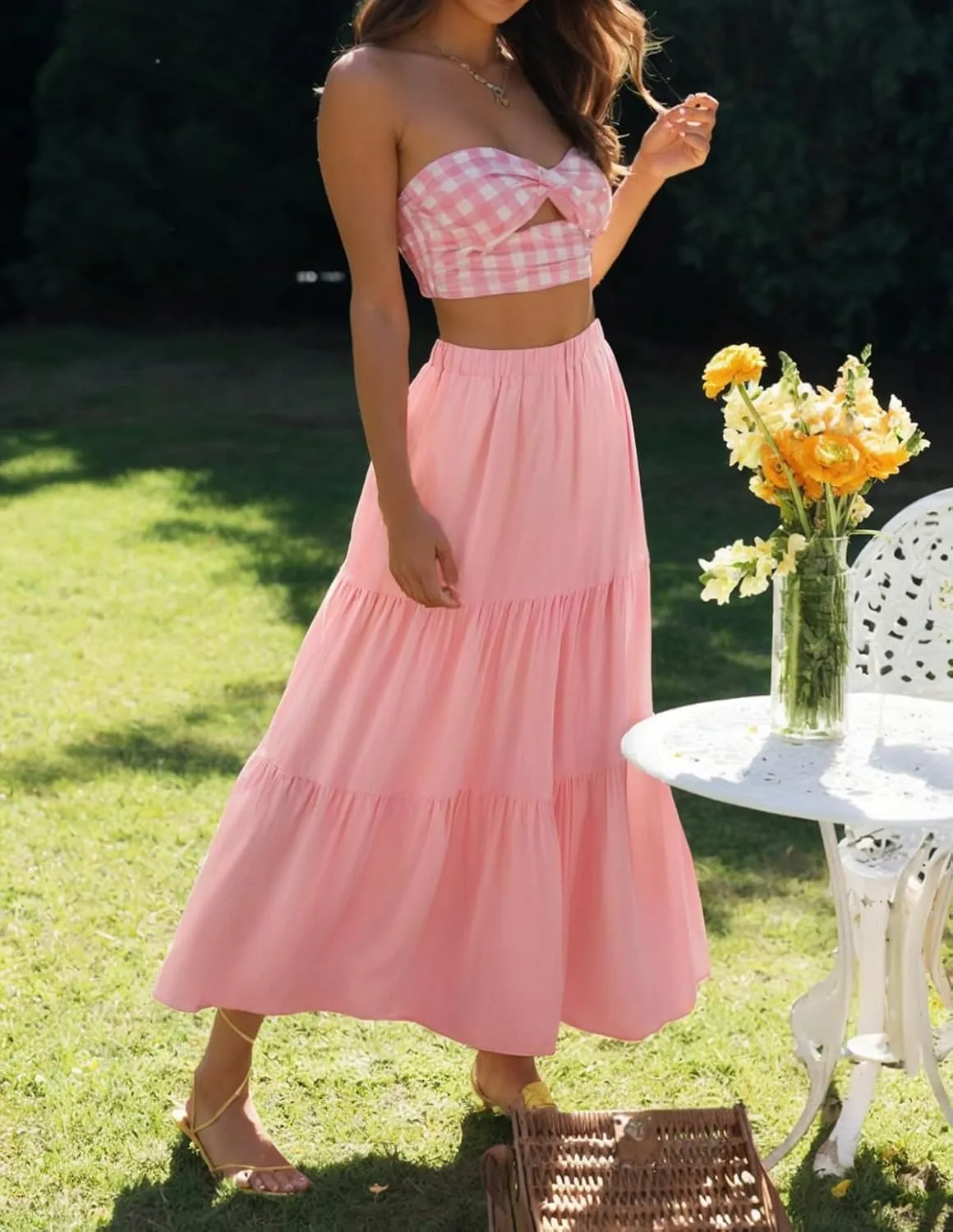 ZESICA Women's 2025 Summer Plaid Flower Elastic High Waist Flowy A Line Maxi Skirt with Pockets