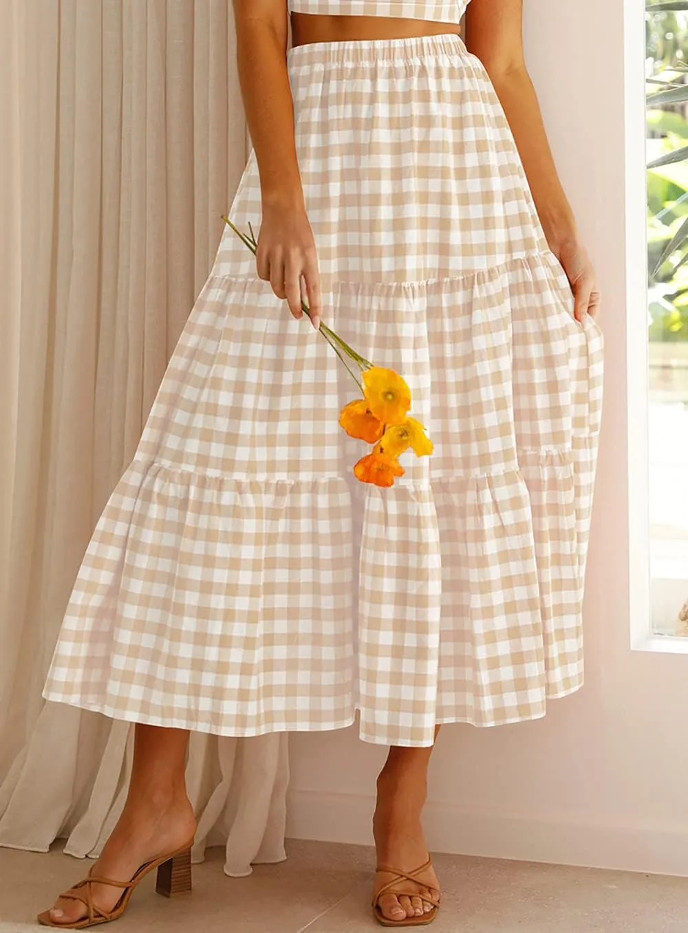 ZESICA Women's 2025 Summer Plaid Flower Elastic High Waist Flowy A Line Maxi Skirt with Pockets