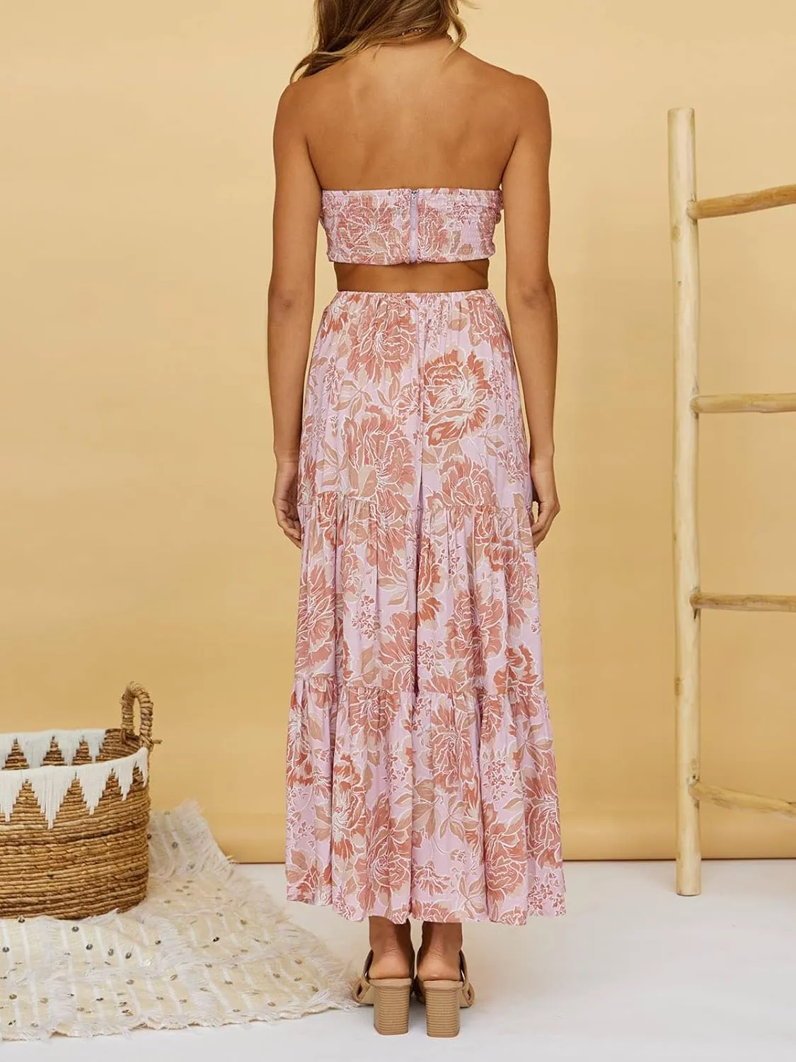 ZESICA Women's 2025 Summer Plaid Flower Elastic High Waist Flowy A Line Maxi Skirt with Pockets