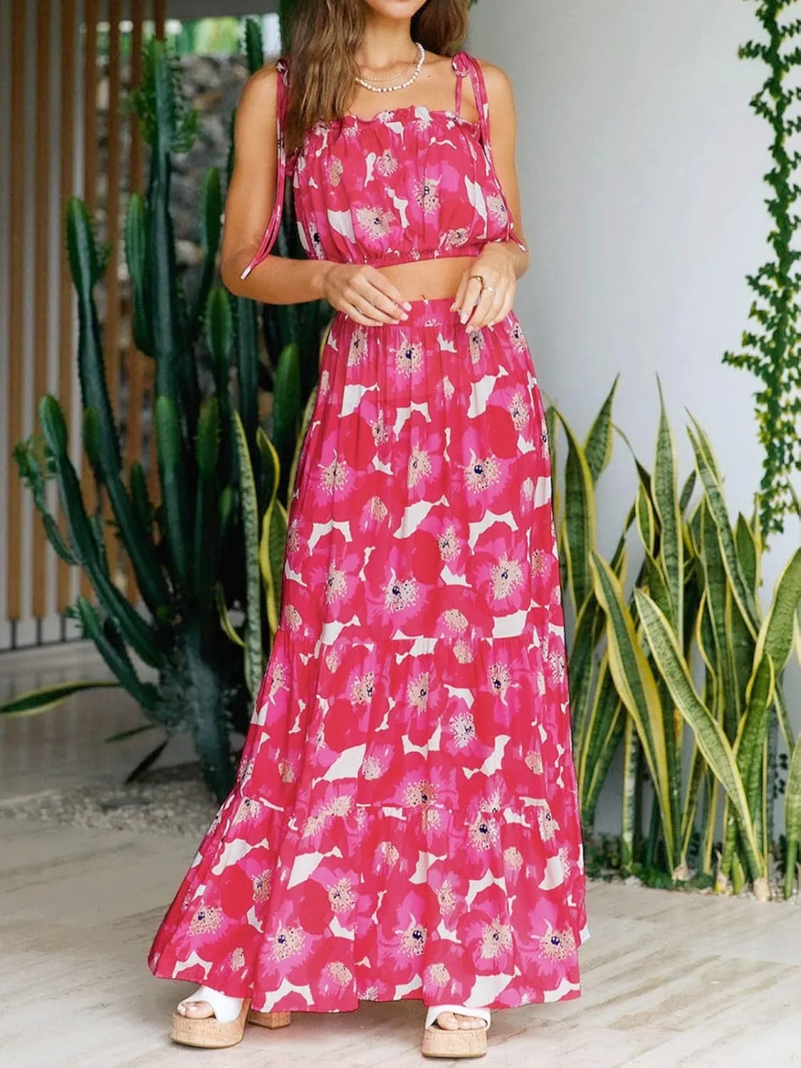 ZESICA Women's 2025 Summer Plaid Flower Elastic High Waist Flowy A Line Maxi Skirt with Pockets