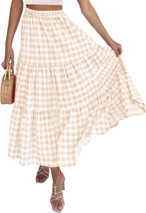 ZESICA Women's 2025 Summer Plaid Flower Elastic High Waist Flowy A Line Maxi Skirt with Pockets