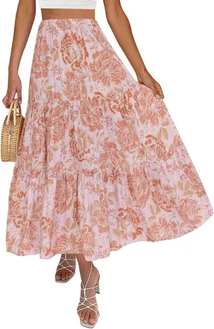 ZESICA Women's 2025 Summer Plaid Flower Elastic High Waist Flowy A Line Maxi Skirt with Pockets