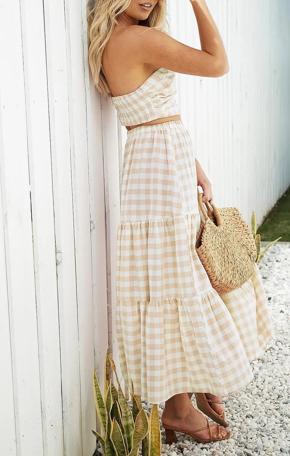 ZESICA Women's 2025 Summer Plaid Flower Elastic High Waist Flowy A Line Maxi Skirt with Pockets