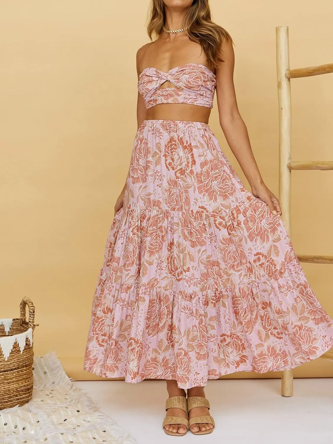 ZESICA Women's 2025 Summer Plaid Flower Elastic High Waist Flowy A Line Maxi Skirt with Pockets